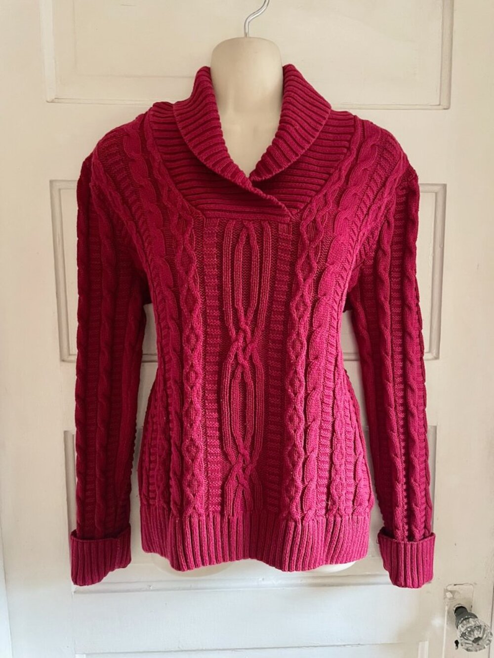 Jeanne Pierre Red Cotton Cable Knit Shawl Collar Sweater M